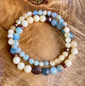 YELLOW & LEMURIAN AQUATINE Calcite Bracelet Duo Stack with Copper, Beaded Stretch, Natural Stone Gemstone Crystal
