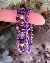 PURPLE AMETHYST BRACELET, Choice or Stack, Stretch, Beaded, Brass Accents, Natural Stone Gemstone Crystal