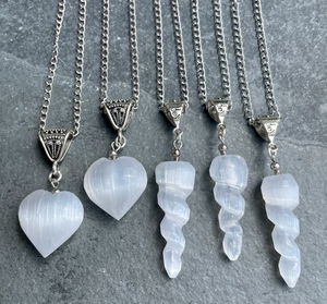 SELENITE PENDANT NECKLACE, Choice, Heart, Spiral Unicorn Horn, 16", silver, Satin Spar, Moroccan Natural Stone Gemstone Crystal