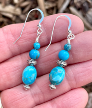 KINGMAN TURQUOISE EARRINGS with Silver, Dangle, Blue Round & Pebble, Genuine, Crystal Natural Stone Gemstone