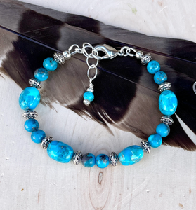 KINGMAN TURQUOISE BRACELET with Silver, Clasp, Blue Round & Pebble, Beaded, Genuine, Crystal Natural Stone Gemstone