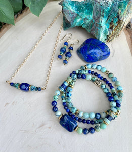 LAPIS LAZULI & AZURITE Chrysocolla Bracelet, Choice, Gold, Beaded Stretch, Natural Stone Crystal Gemstone, Blue Green