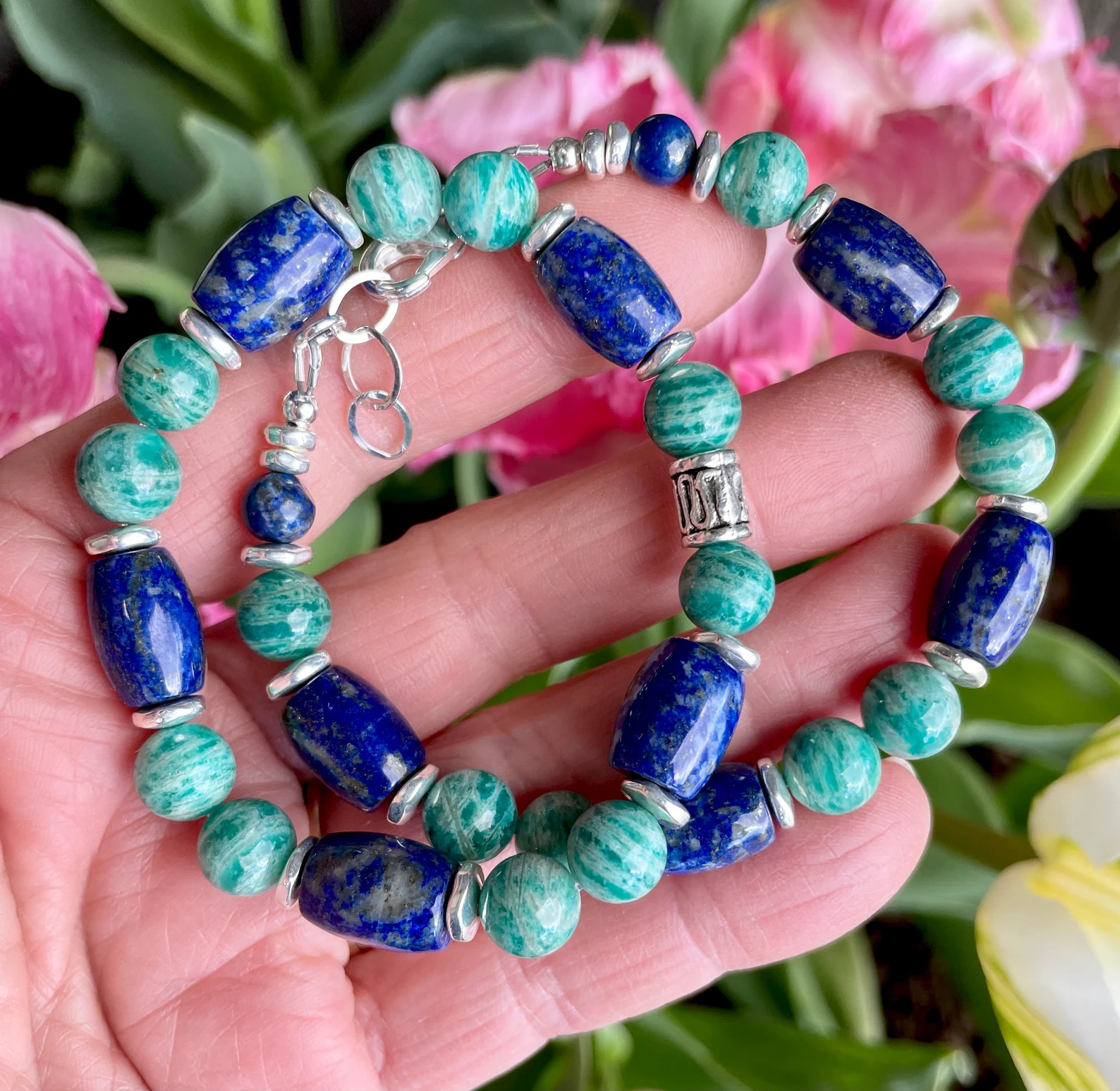 LAPIS LAZULI AMAZONITE Bracelet Clasp Silver Banded Russian