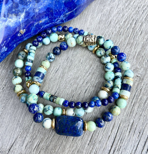 Lapis Lazuli & Azurite Chrysocolla Bracelets with gold, choice, beaded, stretch, natural stone
