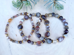 BOTSWANA AGATE BRACELET STACK, Gold Accents, Banded Natural Stone, Beaded Crystal Gemstone