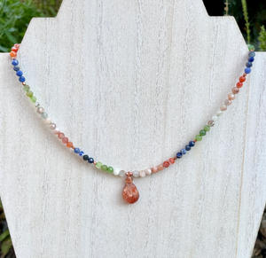 SUNSTONE, JADE & SODALITE Necklace with Sparkling Sunstone Pendant and Copper Beads, Gemstone Natural Stone, Crystal