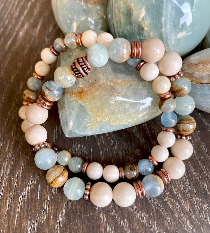 Natural Fossil Stone Beaded Stretch Bracelet