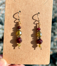 Red & Green GARNET DANGLE EARRINGS with Gold & Pyrite, January Birthstone, Natural Stone Gemstone Crystal, Beaded, Christmas Jewelry